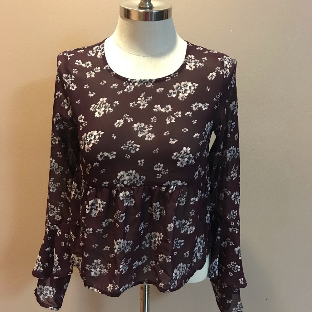 Plum Bell Sleeve Floral Sheer Blouse Aeropostale